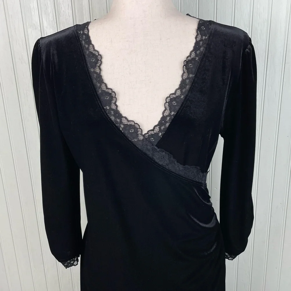 Vintage Y2K Apt 9 Black Velvet Lace Trim Midi Dress Size Large Whimsigoth Gothic